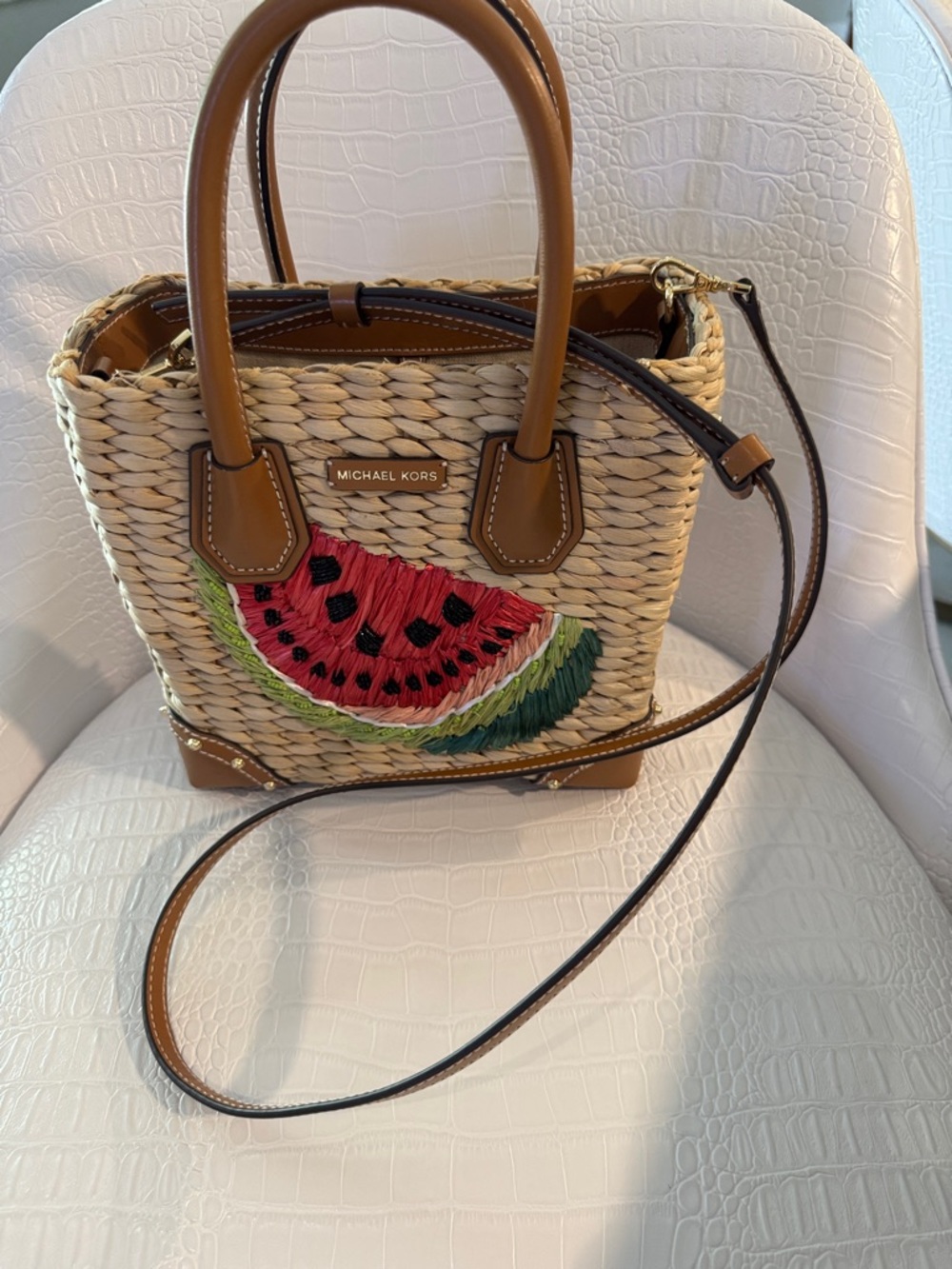 Michael Kors Straw Tote with Pink Watermelon Patch and Brown Leather Trim - Picture 8 of 12
